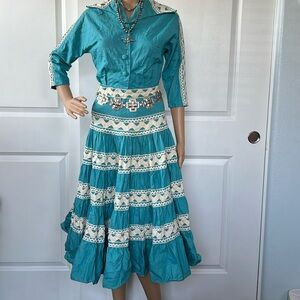 vtg 40s 50s turquoise ric rak 2 piece top skirt dress XXS western southwestern
